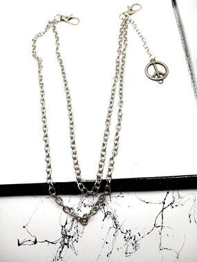 Double Layer Peace Sign Pants Or Wallet Chain 19" Silver Tone